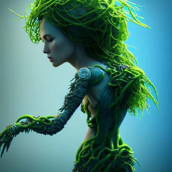 Image similar to female android dryad standing, entwined by seaweed and coral, deep ocean, surreal, light shining through, hyper - realistic, highly detailed, sharp focus, smooth, intricate, octane render