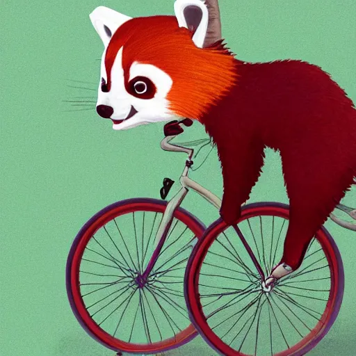 Image similar to a red panda drive with a bicycle through a wonderful landscape artstation