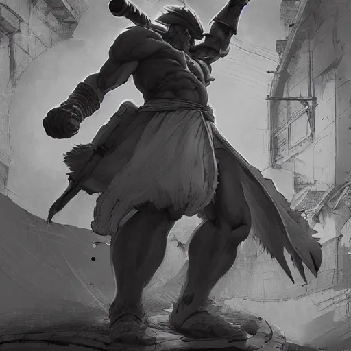 Image similar to asterix fighting obelisk in a street fighter game, dramatic pose, wearing japanese techwear, detailed symmetrical, intricate complexity, concept art, by ismail inceoglu dragan bibin hans thoma greg rutkowski alexandros pyromallis nekro rene maritte illustrated, perfect face, fine details, realistic shaded, fine - face, pretty face