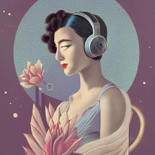 Image similar to intricate, amazing, art deco, retro vintage and romanticism, painting by natelle quek, soft color palette, highly detailed, godess with headphones from space sci - fi of ancient religion