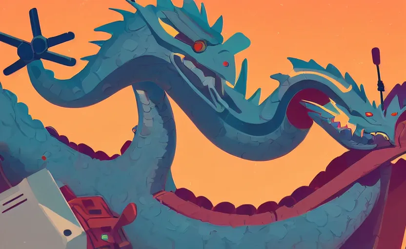 Prompt: close - up of a dragon wearing a radio in his neck, james gilleard, print, game art