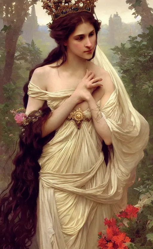 Image similar to a beautiful painting of a crowned princess in a flowing gown, intricate, elegant, highly detailed, digital painting, artstation, concept art, by krenz cushart and artem demura and william adolph bouguereau and alphonse mucha