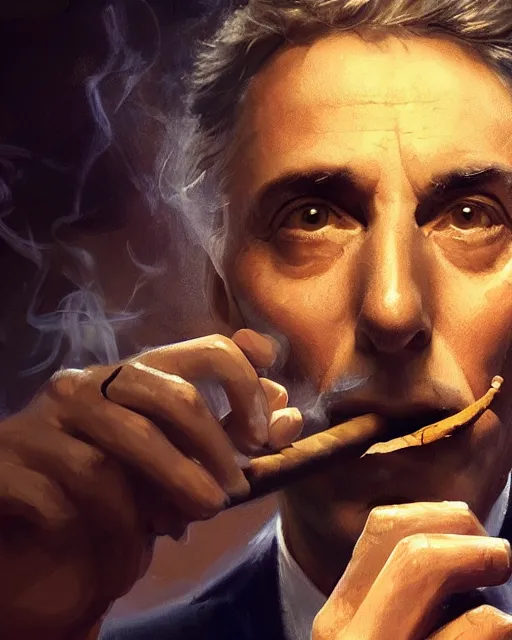 Image similar to Mauricio Macri smoking a cigar volumetric lighting, back lighting, rimlight, dramatic lighting, digital painting, highly detailed, artstation, sharp focus, illustration, Artgerm, Jean-Léon Gérôme , ruan jia