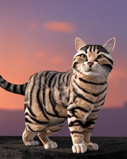 Image similar to A very muscle cat ultra-realistic, white background, 8k HDR sunset lit, intricate detail