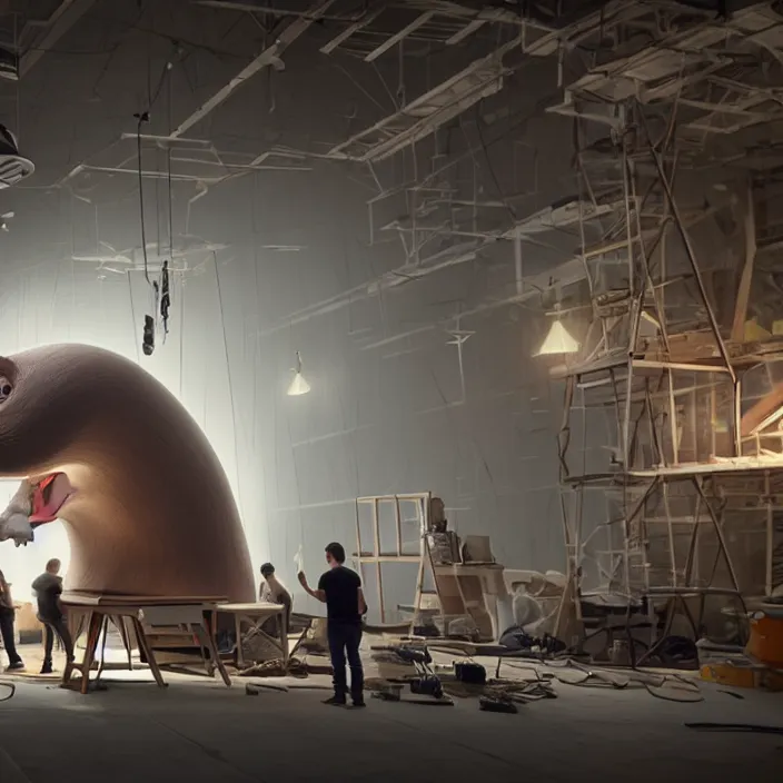 Image similar to crew of humans building giant mouse head in workshop, octane render, 4 k ultra hd, hyper - detailed, realistic, sharp focus, in style of beeple