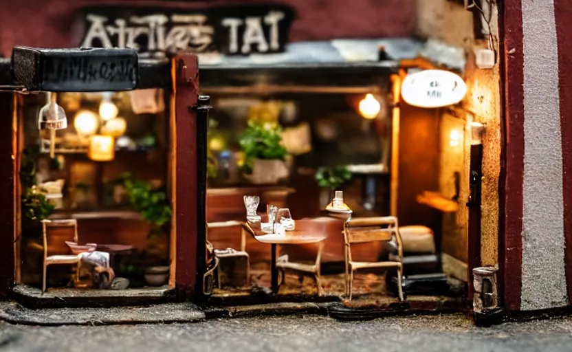 Image similar to miniature cafe dusk diorama macro photography, cafe for mice, alleyway, ambient, atmospheric, british, bokeh, romantic