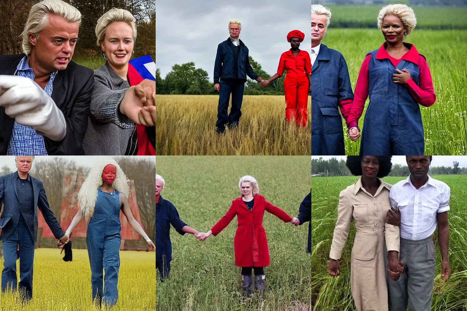 Prompt: Geert Wilders and Sylvana Simons from Bij1 dressed as factory workers, holding hands in a field in the style of Soviet propaganda