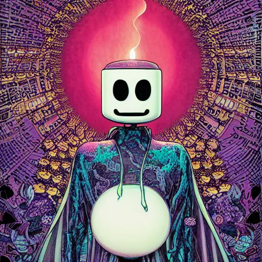 Image similar to portrait of crazy marshmello, symmetrical, by yoichi hatakenaka, masamune shirow, josan gonzales and dan mumford, ayami kojima, takato yamamoto, barclay shaw, karol bak, yukito kishiro