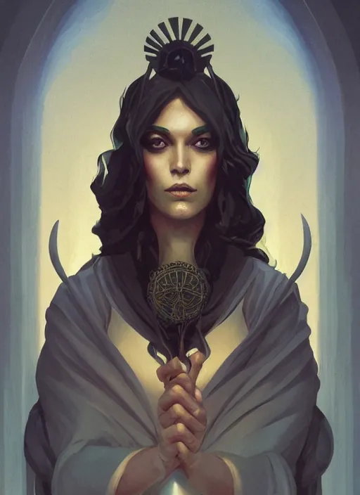 Image similar to tarot!!, high priestess, no noise, elegant, concept art, sharp focus, beautiful face!!, digital art, smooth defined outlines!!, human anatomy, human structure, vector background, dark fantasy, by Brom, trending on Artstation, Tom Bagshaw, Sargent