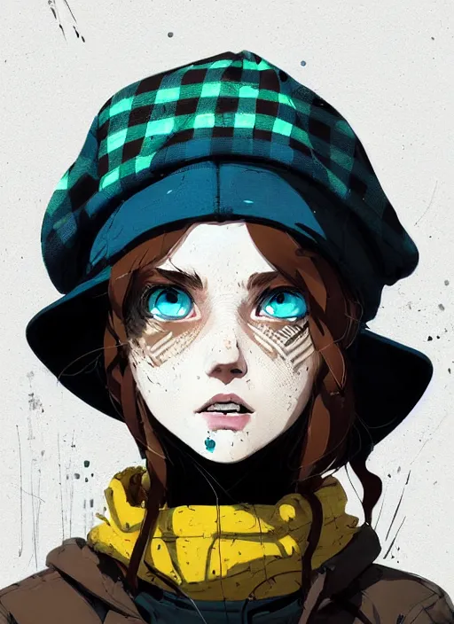 Image similar to highly detailed portrait of a sewer punk lady student, blue eyes, tartan hoody, hat, white hair by atey ghailan, by greg rutkowski, by greg tocchini, by james gilleard, by joe fenton, by kaethe butcher, gradient yellow, black, brown and cyan color scheme, grunge aesthetic!!! ( ( graffiti tag wall background ) )