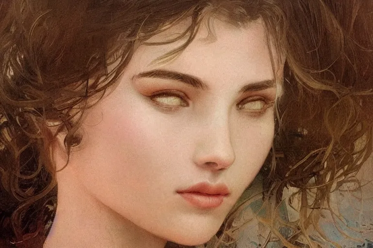 Image similar to elaborately ultradetailed close up portrait of an extremely beautiful girl, artstation, concept art, smooth, sharp focus, illustration, art by alphonse mucha and tian zi and WLOP