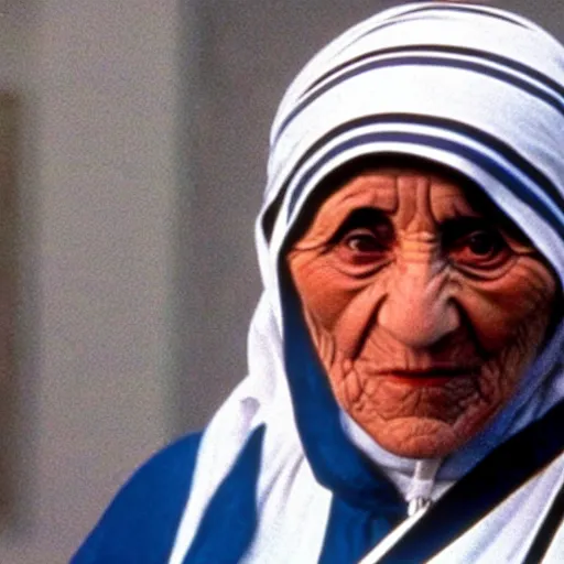 Image similar to A still of Mother Teresa in Rambo First Blood