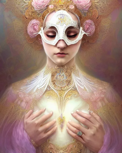 Prompt: beautiful ethereal maiden in a ivory masquerade mask intricate ornate fractal-lace and gemstones, wearing stunning ivory dress, pastel color palette, full view, soft lighting, vivid, Hyperdetailed, 4k hd matte painting by Artgerm, Greg Rutkowski, Klimt, James Jean, 8k resolution, enchanting and otherworldly, Artstation, rendered in octane, Hyperdetailed, front view