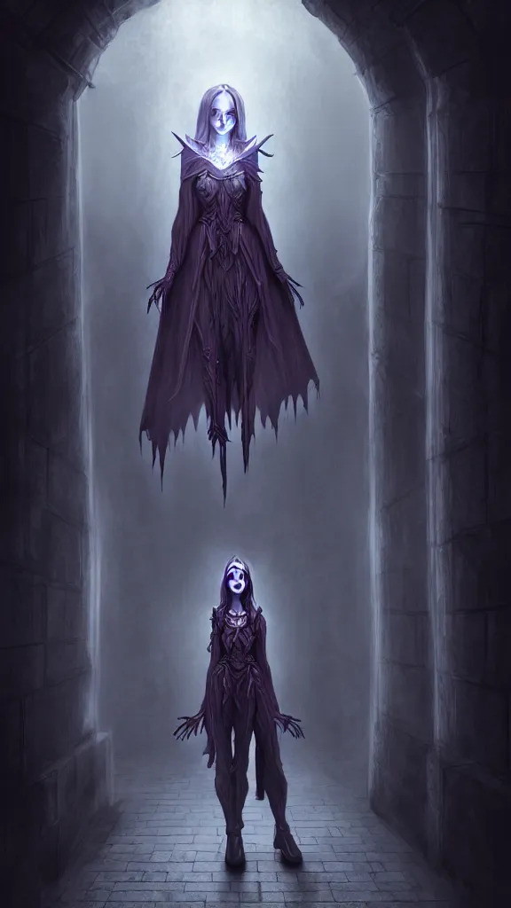 Image similar to undead wizard girl character, standing in crypts casting a spell, 3 point perspective, photorealistic, volumetric lighting, intricate detail, digital art, Artgerm