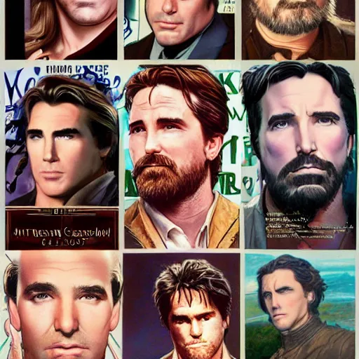 Image similar to Val Kilmer, George Clooney, Christian Bale, Ben Affleck, Robert Pattinson pre-raphaelite portrait, artgerm JSC, J. Scott Campbell