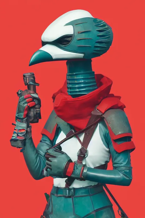 Image similar to female adventurer in tight full - body teal leather armor of japanese design with red accents and a white porcelain crow mask, trending in artstation, japanese, by simon stalenhag, establishing shot