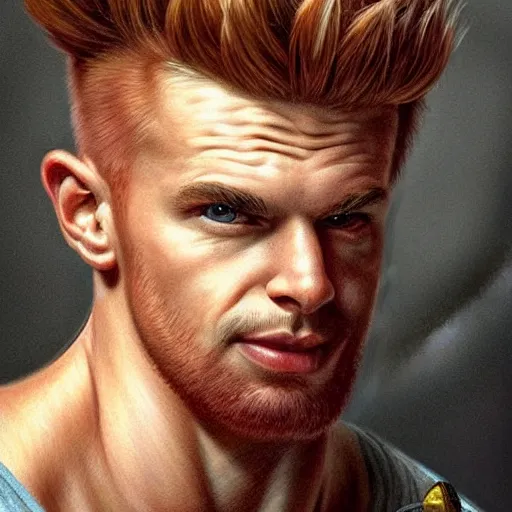 Image similar to portrait of bart simpson as a real human, soft hair, muscular, half body, leather, hairy, d & d, fantasy, intricate, elegant, highly detailed, digital painting, artstation, concept art, smooth, sharp focus, illustration, art by artgerm and greg rutkowski and alphonse mucha