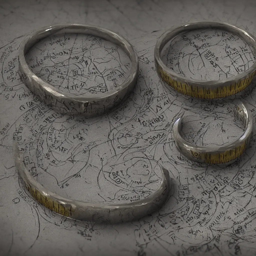 Image similar to the ring from lord if the rings with an imprinted ruler, cm scale imprinted on the inside of the ring, one ring to rule them all, highly detailed, 8 k, trending on artstation, mystic, rpg artwork