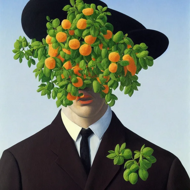 Prompt: portrait of a man, flowers growing from neck, by rene magritte, detailed painting, hd, hq, high resolution, high detail, 4 k, 8 k