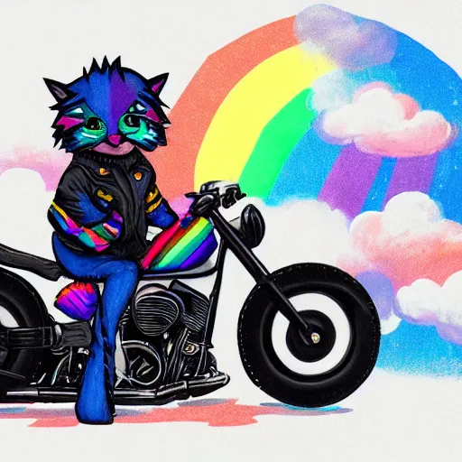 Image similar to wide angle full body, jacket wearing fluffy cute rainbow kitten wearing a black leather motorcycle jacket, riding on a motorcycle, cinematic concept art