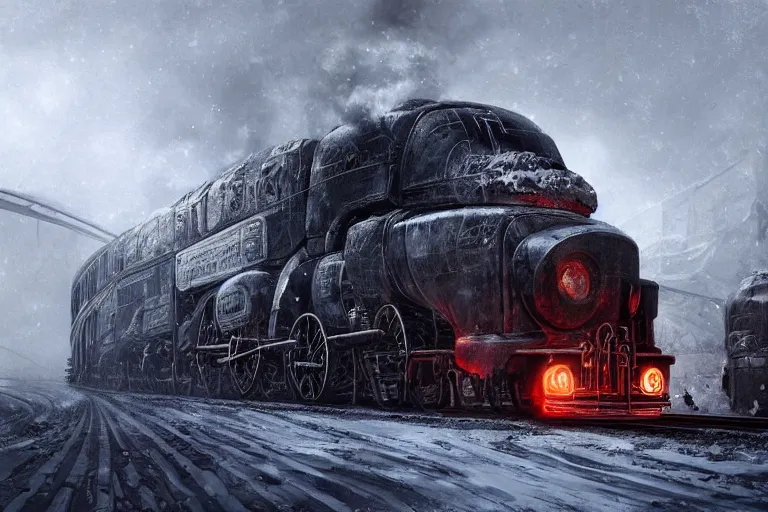 Image similar to a grand intricate futuristic black steam train next to a giant mammoth, post - apocalyptic ice landscape in snowstorm, concept art, artstation, highly detailed, digital art