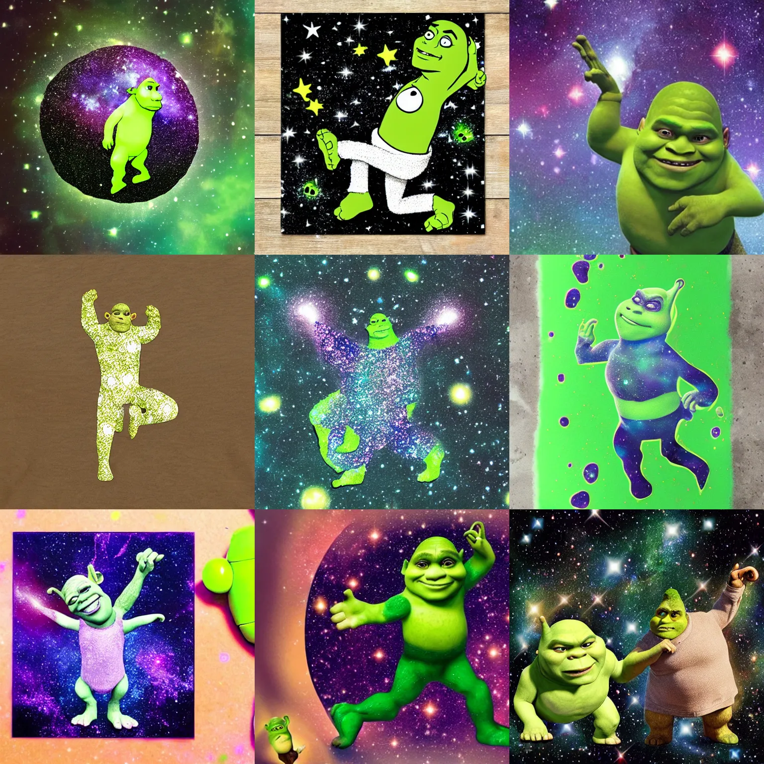 Prompt: galaxy in the shape of shrek twerking