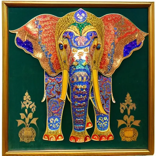 Prompt: symmetrical cloisonnism gilded painting of a symmetrical elephant, by rembrandt