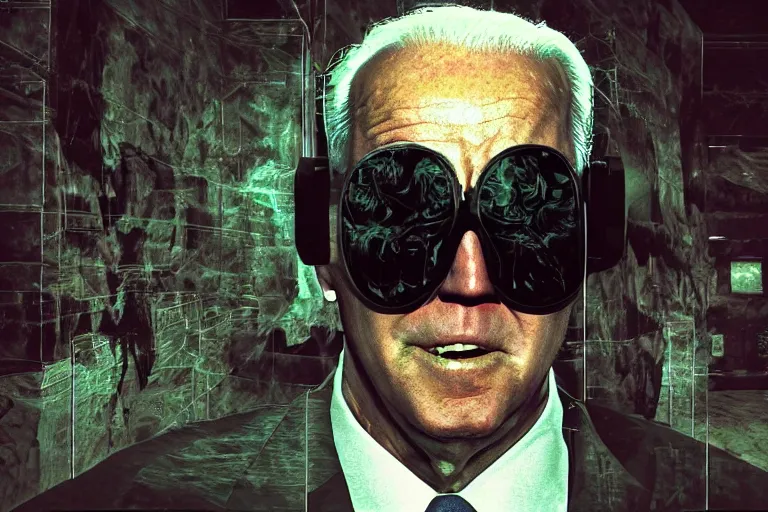 Image similar to creepy joe biden portrait stuck in the matrix, glitchy, buggy, playstation 1 graphics, low poly 3 d render, creepypasta, volumetric lighting, octane render, scary, award - winning, detailed, weird, close - up, featured on artstation, strange, off - putting, demonic, odd, atmospheric, ambient, spooky, beautiful