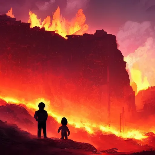 Prompt: a silhouette of a teen brother and sister looking upon the fiery ruins of what was once their home, dynamic lighting, photorealistic dark concept art, trending on artstation, stunning visuals, creative, cinematic, ultra detailed