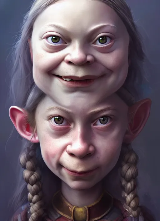 Prompt: portrait of greta thunberg as a medieval goblin girl, beautiful face, hyper realistic, highly detailed, digital painting, artstation, illustration, concept art by hyung tae and frank frazetta, digital paint, matte paint, washed colors, dark, gloomy