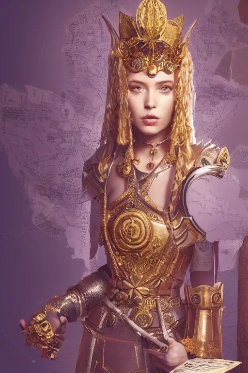 Image similar to hyperdetailed matte illustration of a female knight wearing an ornate gold headpiece and holding a flower with a map of the collective subconscious in the background by octane render