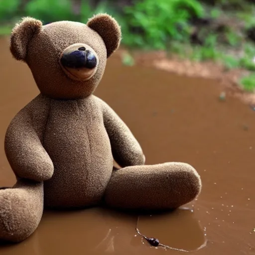 Image similar to Teddy Bear made of slime, inviting clay mud, slick and slimy, warm and yielding