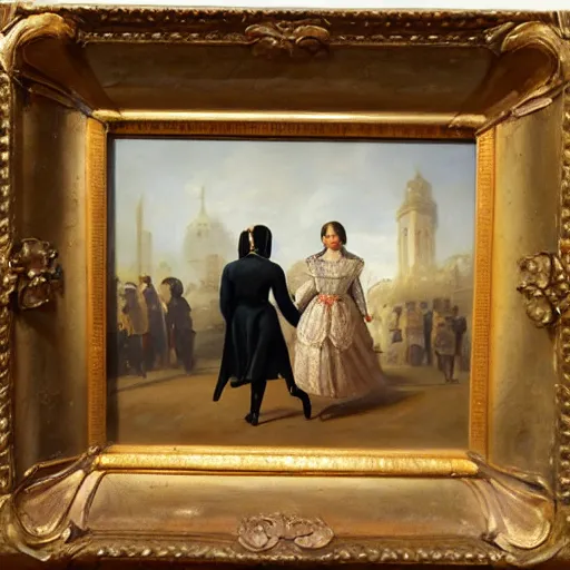 Prompt: an oil panting of a young napoleon with her girlfriend, walking in paris