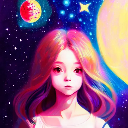 Prompt: The beginning of time, portrait of a beautiful young girl, in hyper detail, dressed in stars and planets, extreme hyper detail, dramatic, fantasy lighting, matte print, digital art, cute smile, beautiful eyes, digital painting, fan art, pixiv, elegant, Ilya Kuvshinov style, Studio Ghibli