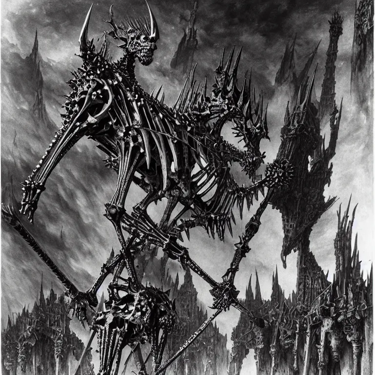 Prompt: Vivid, lucid, vibrant. A spiked horse skeleton with armored joints stands in a large cavernous throne room with halberd in hand. Massive shoulderplates. Extremely high detail, realistic, fantasy art, solo, masterpiece, bones, ripped flesh, art by Zdzisław Beksiński, Arthur Rackham, Dariusz Zawadzki, Harry Clarke