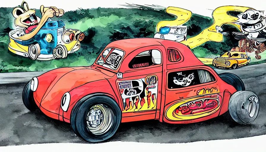 Image similar to funny, racoon riding in a tiny hot rod coupe with oversized engine, ratfink style by ed roth, centered award winning watercolor pen illustration, by chihiro iwasaki, edited by range murata