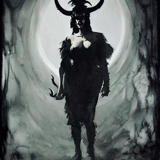 Image similar to dramatic portrait of a scandinavian undead witch female with animal horns ram, satanic kvlt by peder balke by peder balke by greg rutkowski, by guido crepax by norman bluhm mystic high contrast monochromatic noir angst pagan magic