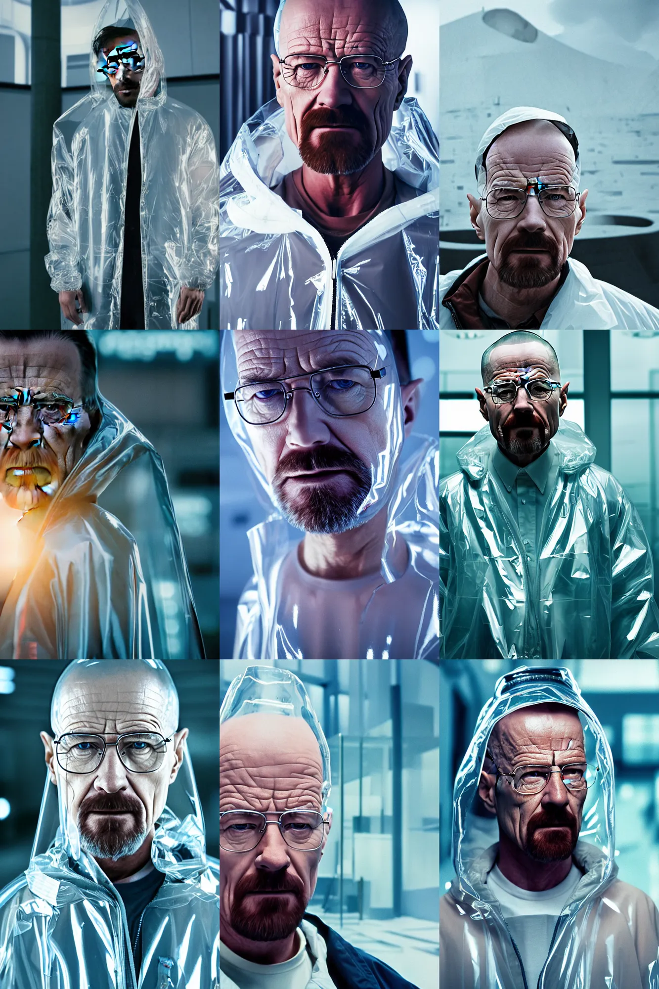 Prompt: Cinestill 50d, 8K, highly detailed, breaking bad style 3/4 extreme closeup portrait, clear eyes, focus on clear transparent raincoat walter white model, tilt shift zaha hadid style laboratory background: famous blade runner remake, new mexico lab scene
