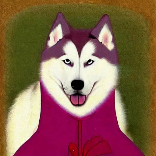 Image similar to fat siberian husky dog princess in pink gown with a goofy expression, medieval painting