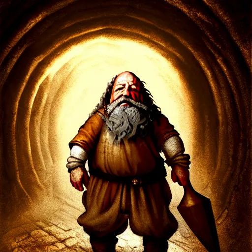 Prompt: a medieval fantasy dwarf standing inside of a mine tunnel, matte oil painting, by leonardo da vinci, character reveal, concept art, d & d, fantasy, dust, sharp focus, award - winning, extremely detailed, 4 k, 8 k