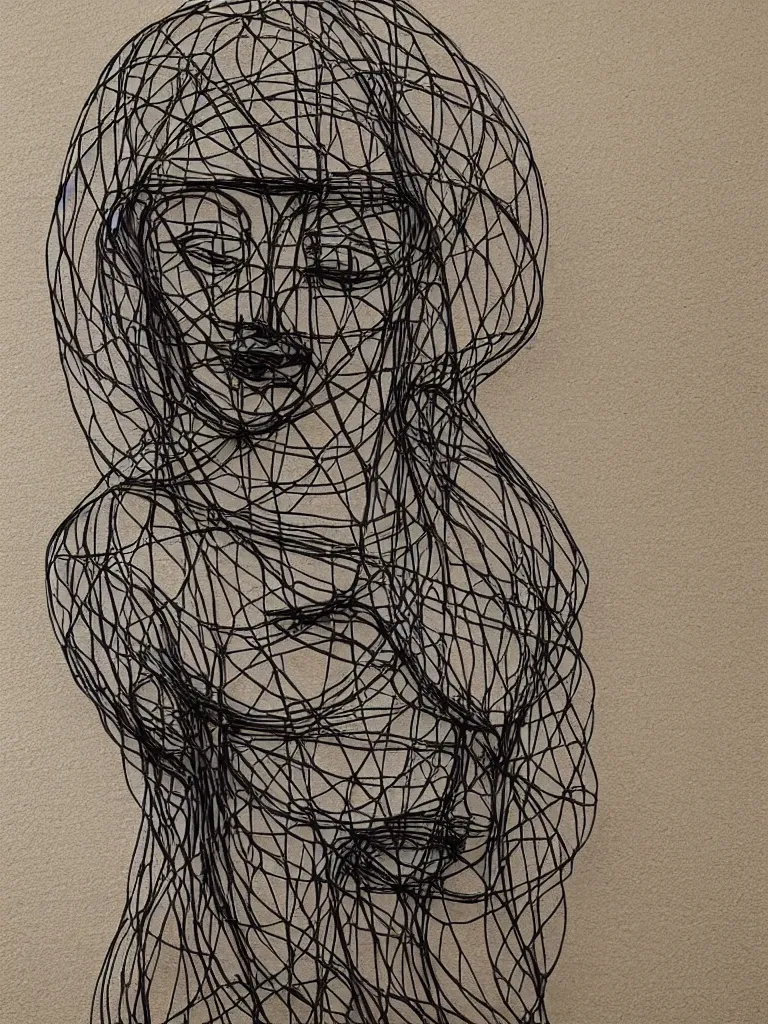 Prompt: beautiful elegant hanging thick wire art of a symmetrical and expressive female human figure face artistic