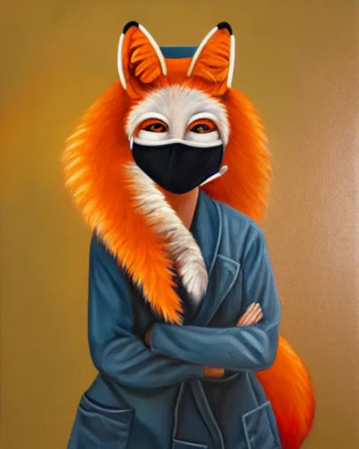 Image similar to oil painting portrait of anthropomorphic female fox animal dressed in labcoat, surgical mask covering mouth, with syringe, fox animal, hospital in background, oil painting,