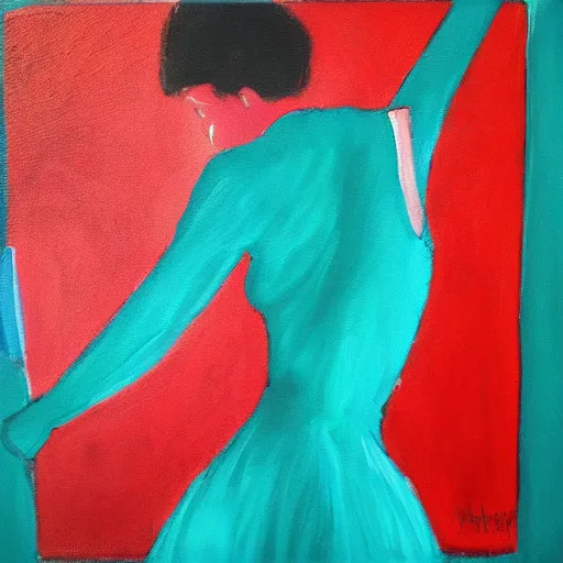 Image similar to square painting of a ballerina drinking wine in a teal room all on a red background