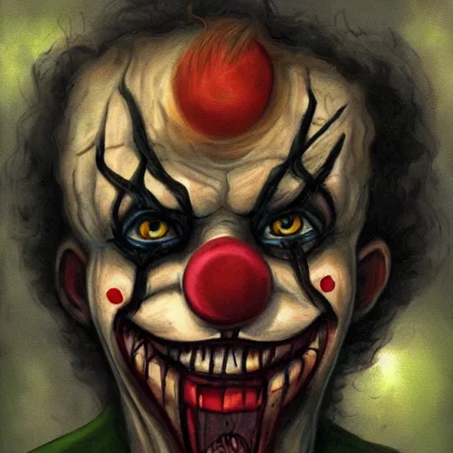 Image similar to fantasy painting of a clown by the blair witch project | horror themed | creepy