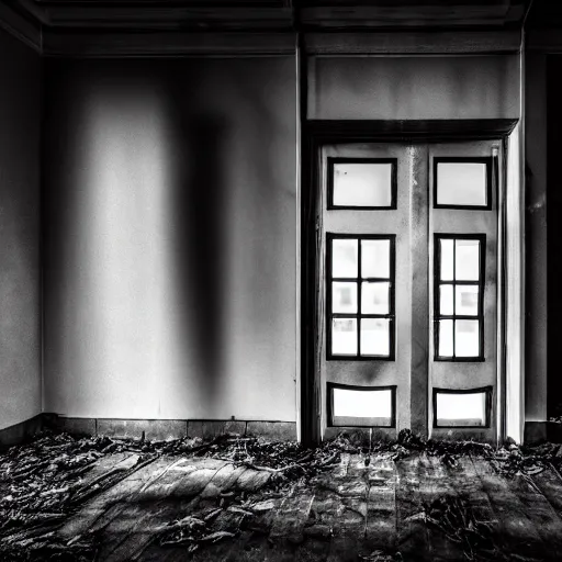 Prompt: a dark photo of a shadow of two people hugging each other in an abandoned hall, there is an open birdcage on the forefront, black and white, long exposure, motion blur