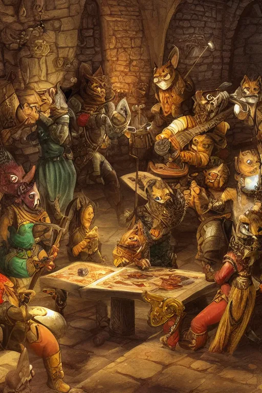 Prompt: dungeon and dragon illustration of a tabaxi playing a lute in a crowded tavern