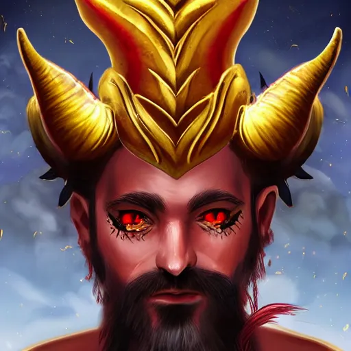 Prompt: dnd portrait of a tiefling, male, red scales, a big black beard, completely golden eyes, 2 ram horns growing out of his forehead,