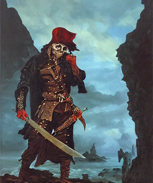 Image similar to ultra realistic color portrait painting of an undead 1 7 th century pirate with a sword in a grotto, dark, painted, brooding, atmospheric, seascape, horror, smooth, epic, highly detailed, cinematic, by angus mcbride