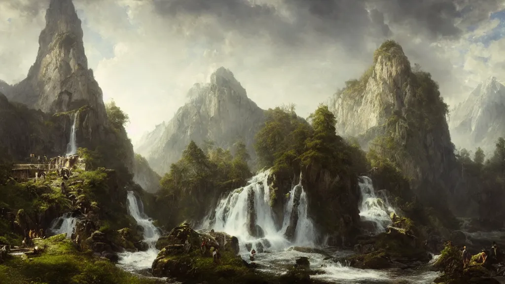 Prompt: a kingdom near the great alpine waterfall. andreas achenbach, artgerm, mikko lagerstedt, zack snyder, tokujin yoshioka