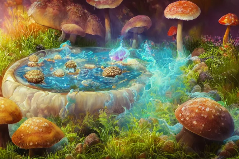 Prompt: highly detailed oil painting of a mushroom lizard in a steaming colorful hotspring, featured on artstation